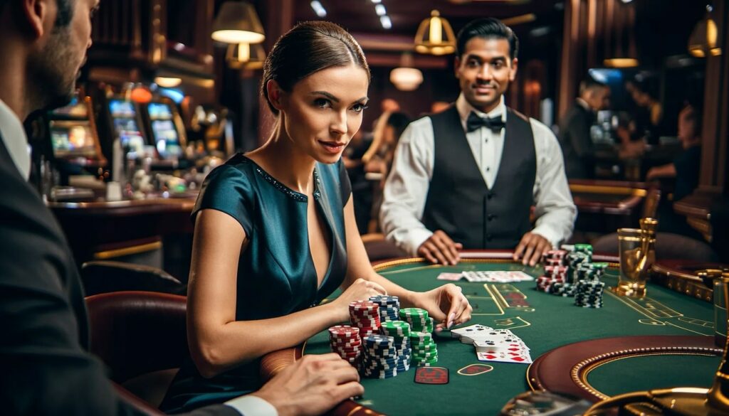 A-man-and-woman-play-poker-at-a-green-felt-casino-table,-with-stacks-of-chips-in-front-of-them-and-a-smiling-dealer-standing-behind-the-table.