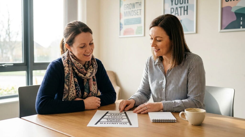 woman-meeting-career-advisor-community-centre-confidence-building-steps