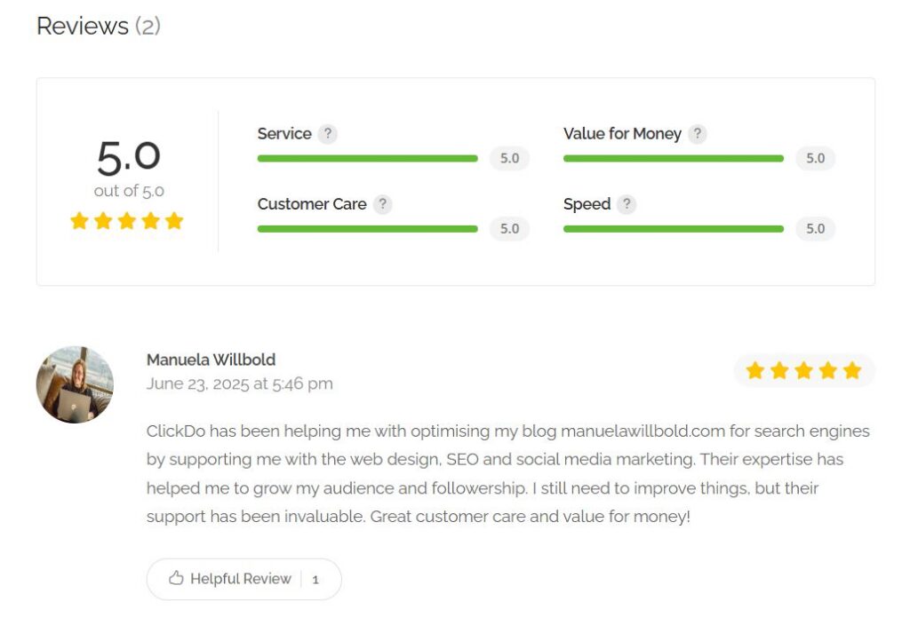 published-customer-review-for-clickdo-listing-on-uk-business-list-showing-overall-5-star-ratings-detailed-feedback-reviewer-information-and-helpful-review-voting