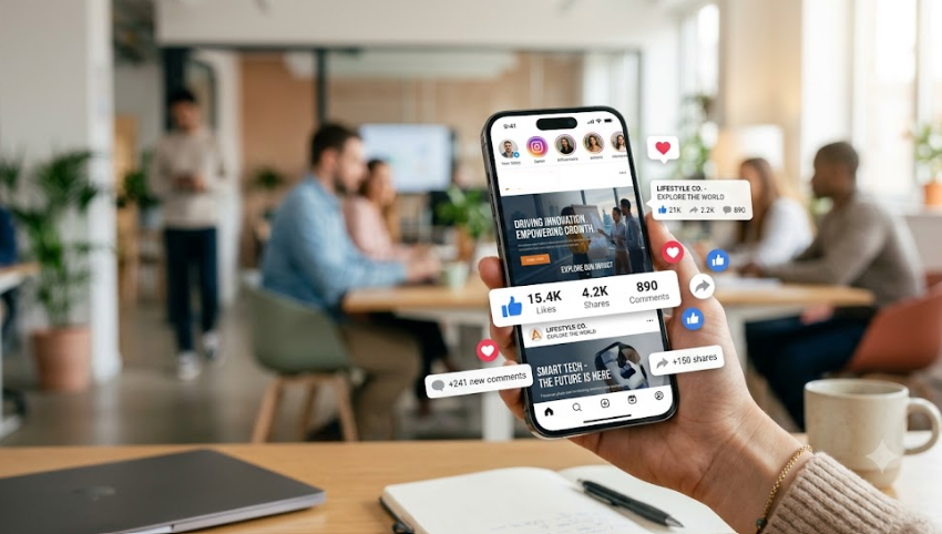 smartphone-showing-engaging-social-media-posts-with-professional-stock-photos