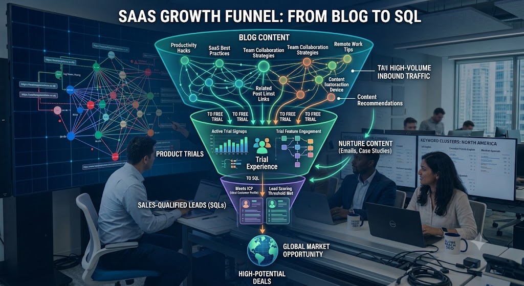 SaaS-growth-funnel-visual-with-users-moving-from-blog-to-SQL