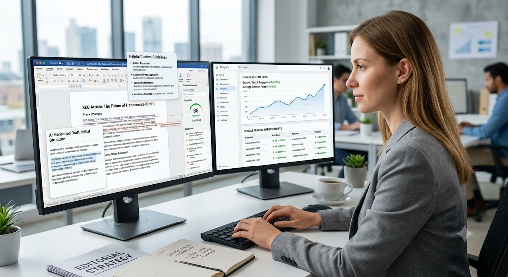 content-writer-creating-expert-SEO-articles-while-comparing-AI-generated-content
