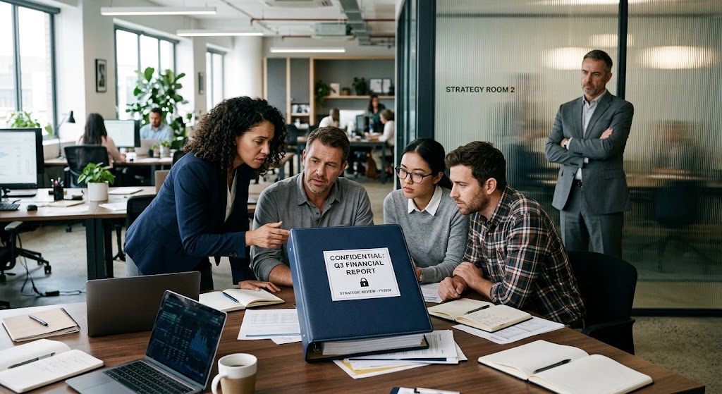 employees-looking-concerned-around-a-closed-financial-report-folder
