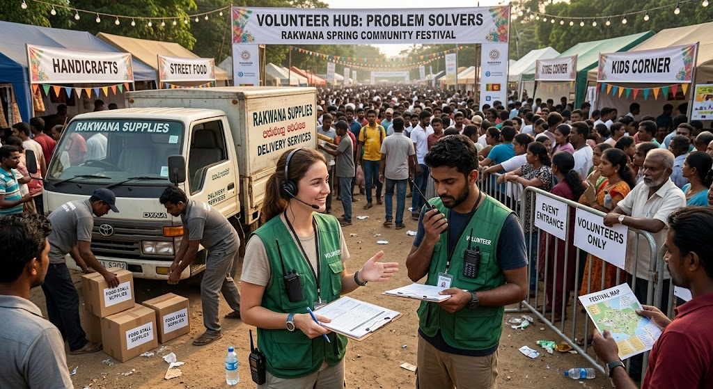 A lively community event where volunteers solve unexpected challenges volunteers-at-live-event-managing-work
