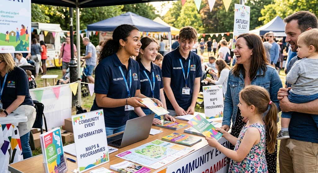 Young volunteer confidently speaking to visitors at an information desk volunteer-speaking-to-visitors-at-an-information-desk