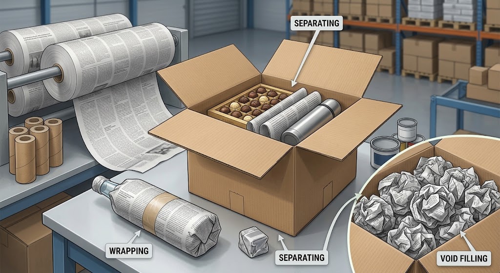 showing-newsprint-paper-being-used-as-protective-packaging