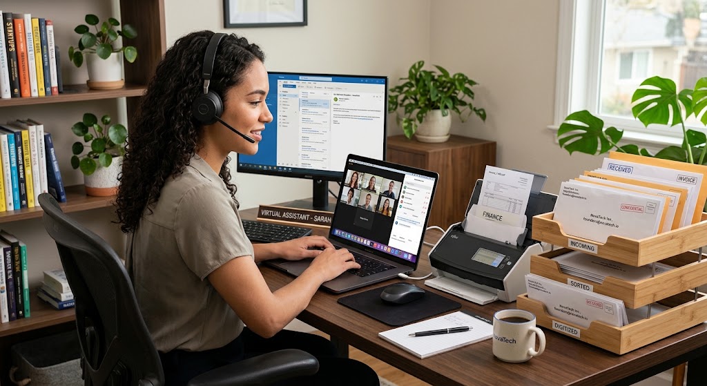 virtual-receptionist-answering-business-calls-while-organising-company-mail