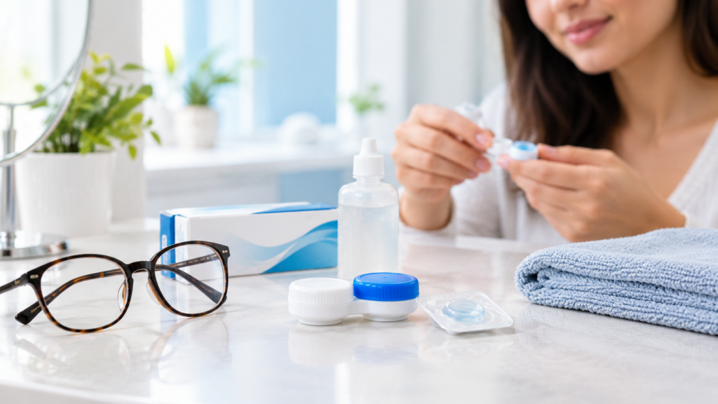 A-young-woman-handles-a-contact-lens-from-a-case-on-a-bathroom-counter